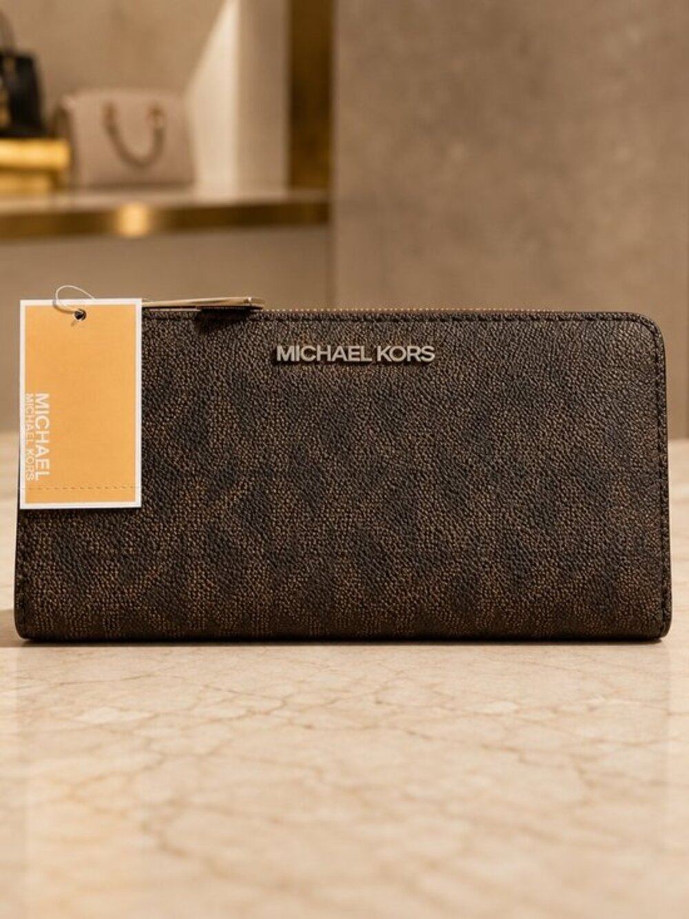 Michael Kors Jet Set Charm Large Zip Continental Wallet Brown Signature NWT